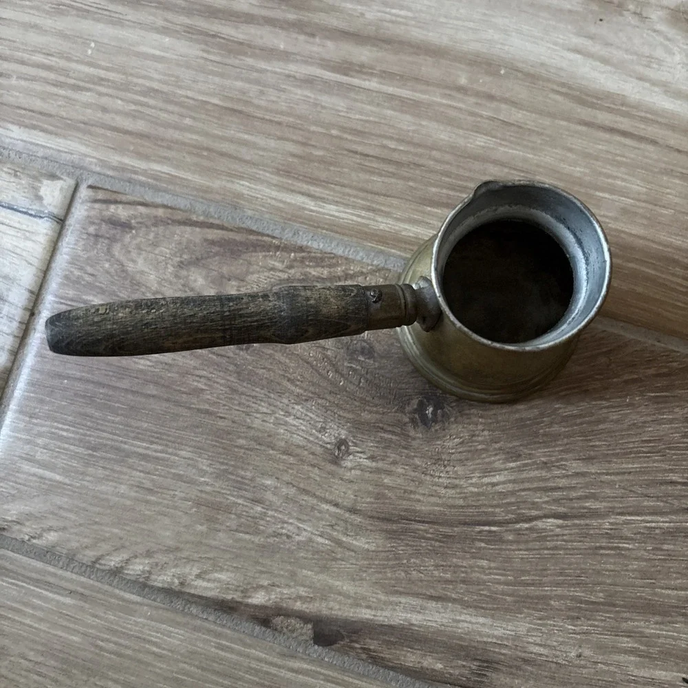 Vintage Turkish Cezve Brass Wood Coffee Pot Signed Stamped Ibrik Metalware